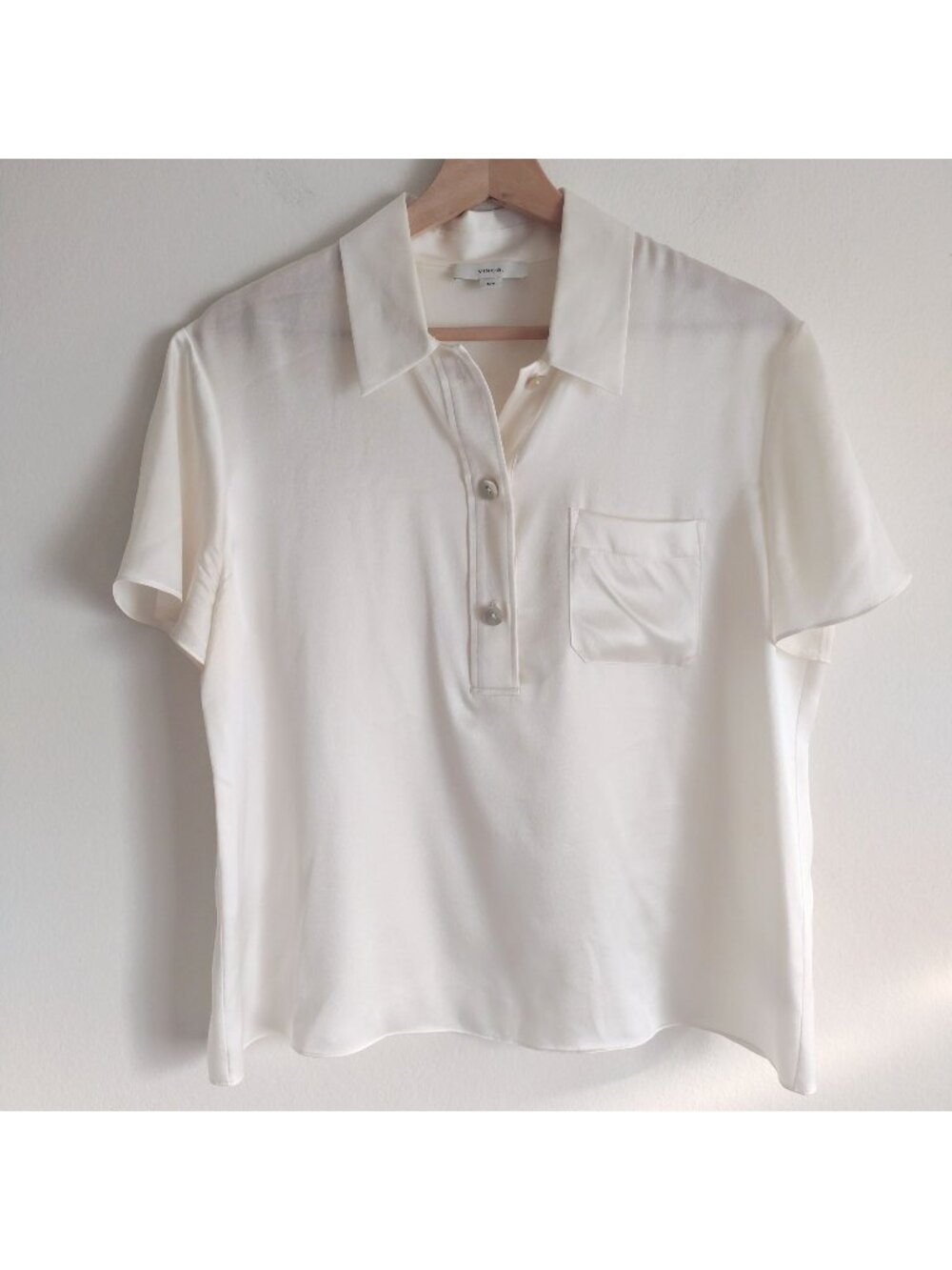 Vince Silk Polo Top M Cream Satin Relaxed Fit Casual Blouse